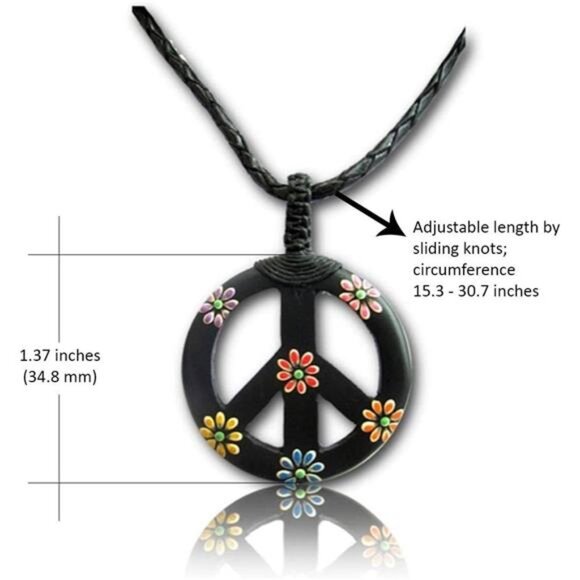 Adjustable Peace Sign Pendant Necklace with Organic Wood - Hippie Accessories - Picture 2 of 7